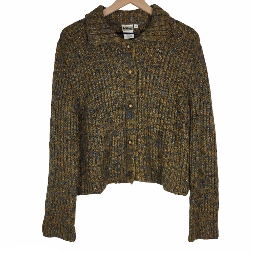 VINTAGE Wool Cardigan Sweater Kiko Chunky Shimmer Metallic Stretch Retro Mod S/M